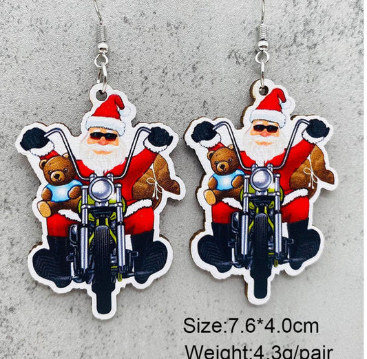 Santa Riding Motorcycle Wooden Earrings
