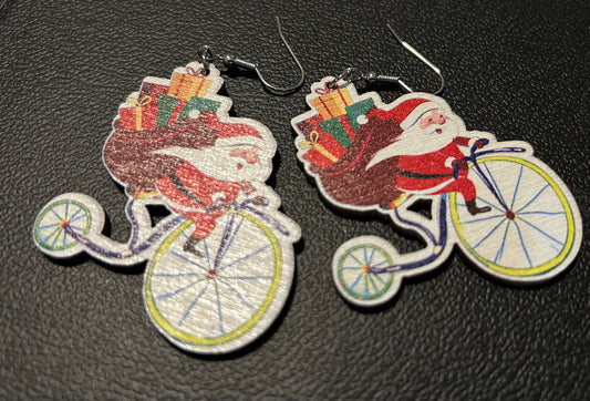Santa Riding a Bicycle Wooden Earrings