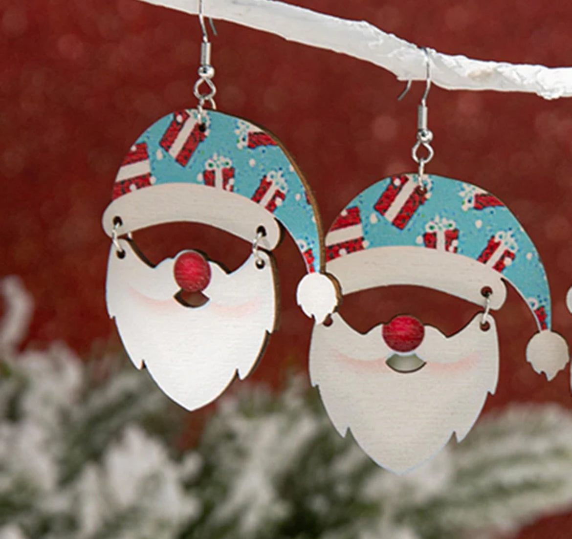 Wooden Santa with Dangle Beard Earrings