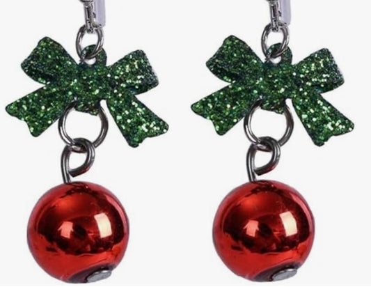 Green Bow and Red Ball Dangle Earrings
