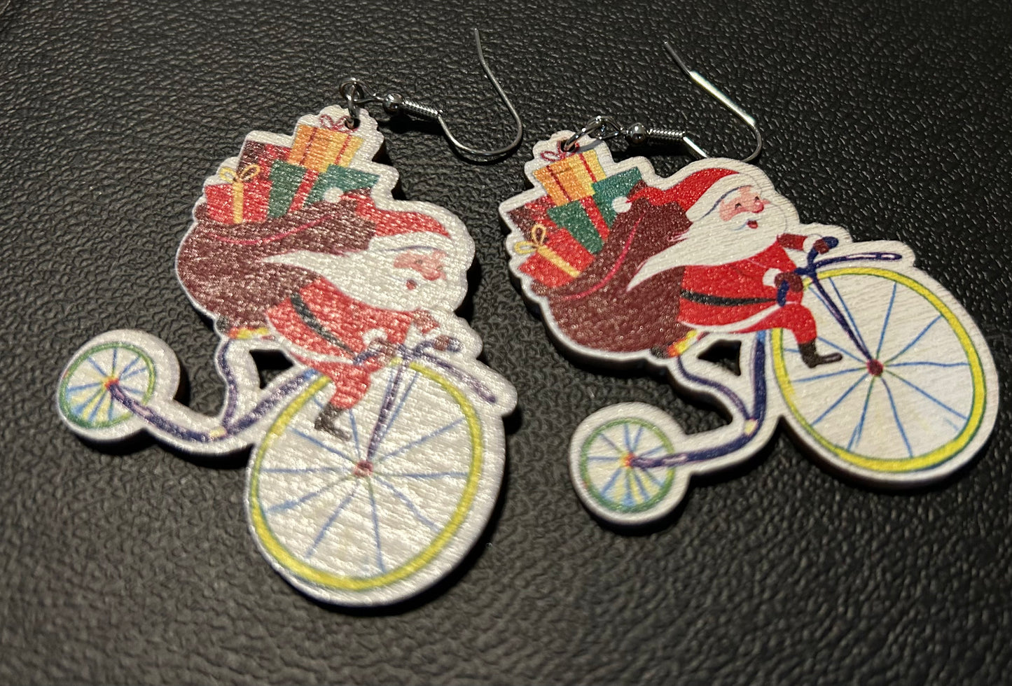 Santa Riding a Bicycle Wooden Earrings