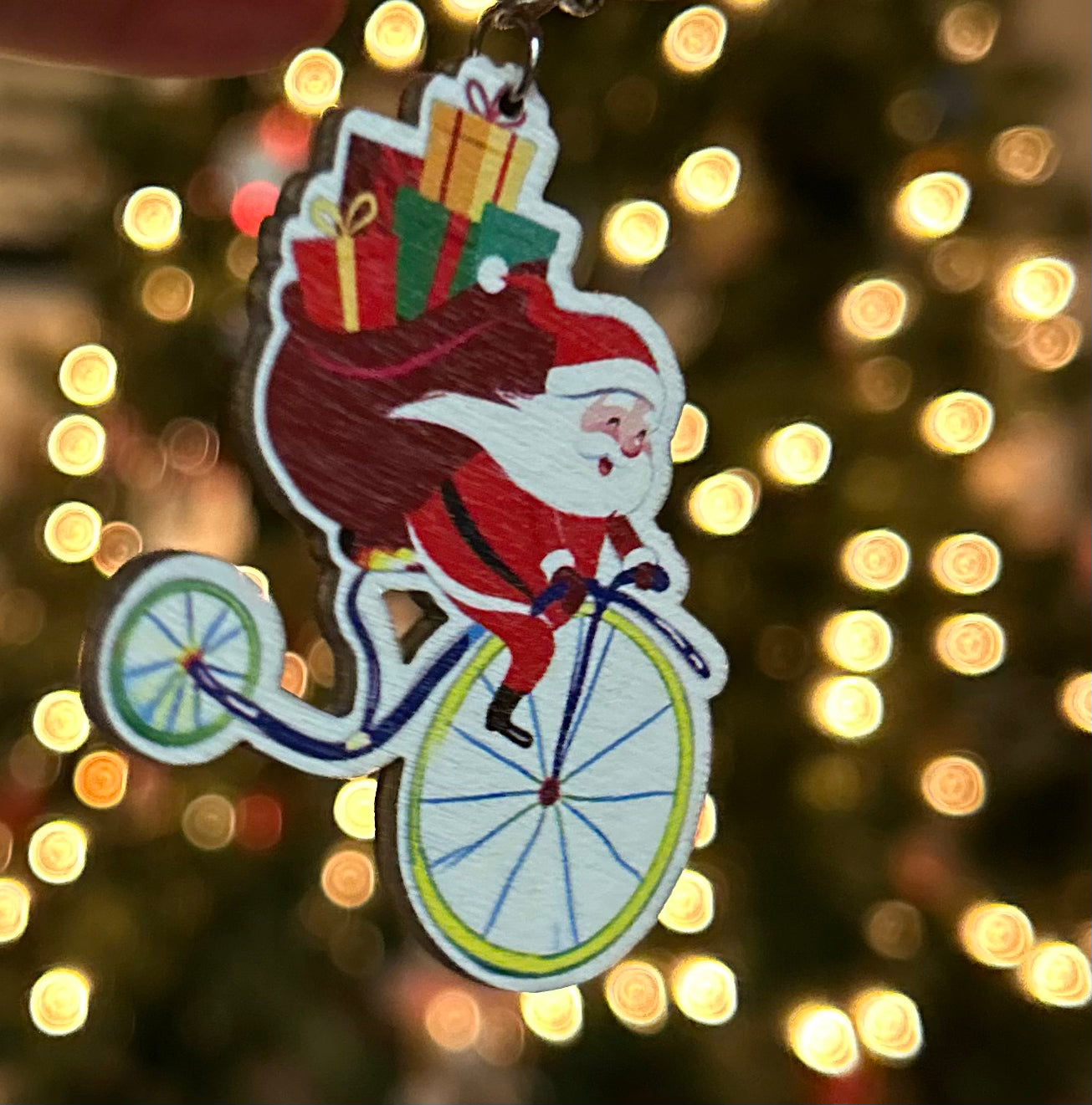 Santa Riding a Bicycle Wooden Earrings