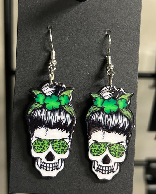 Skeleton Lady Shamrock Bun Earrings