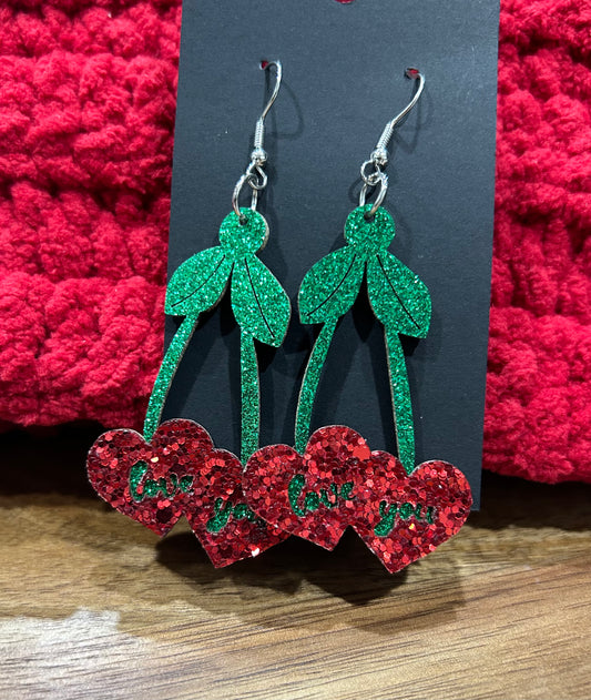 Glitter Heart Cherry Earrings