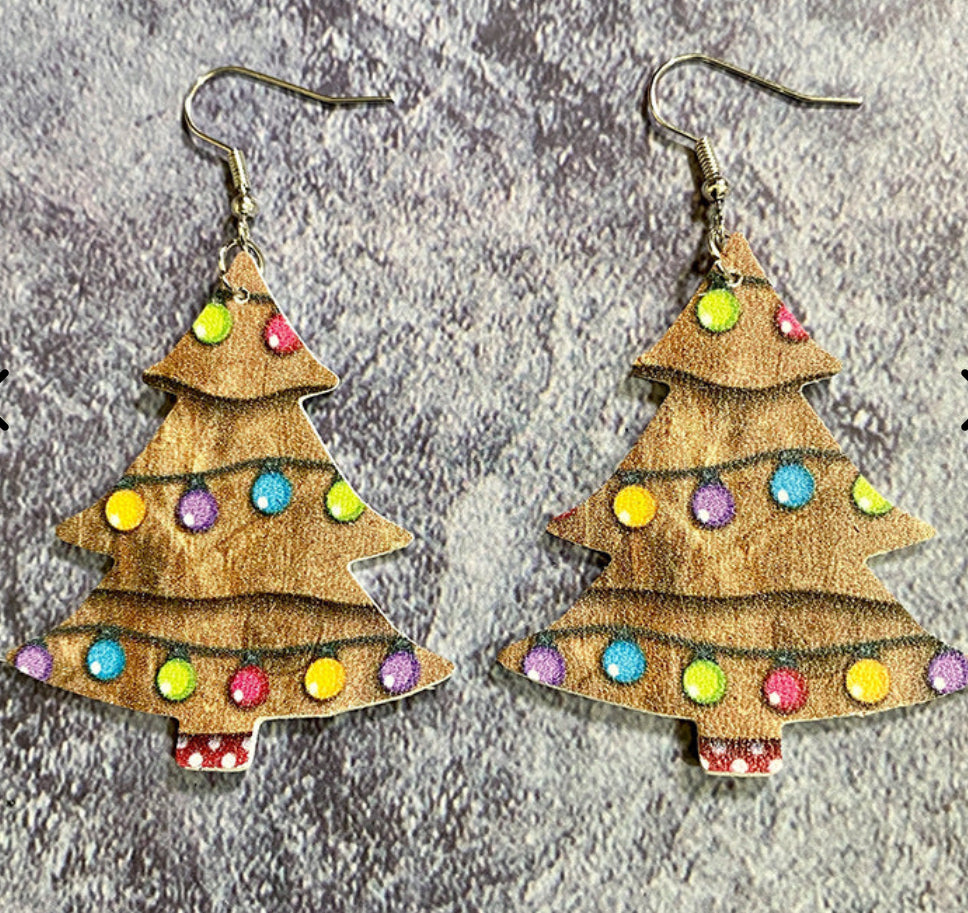 Flat Leather Christmas Trees Earrings