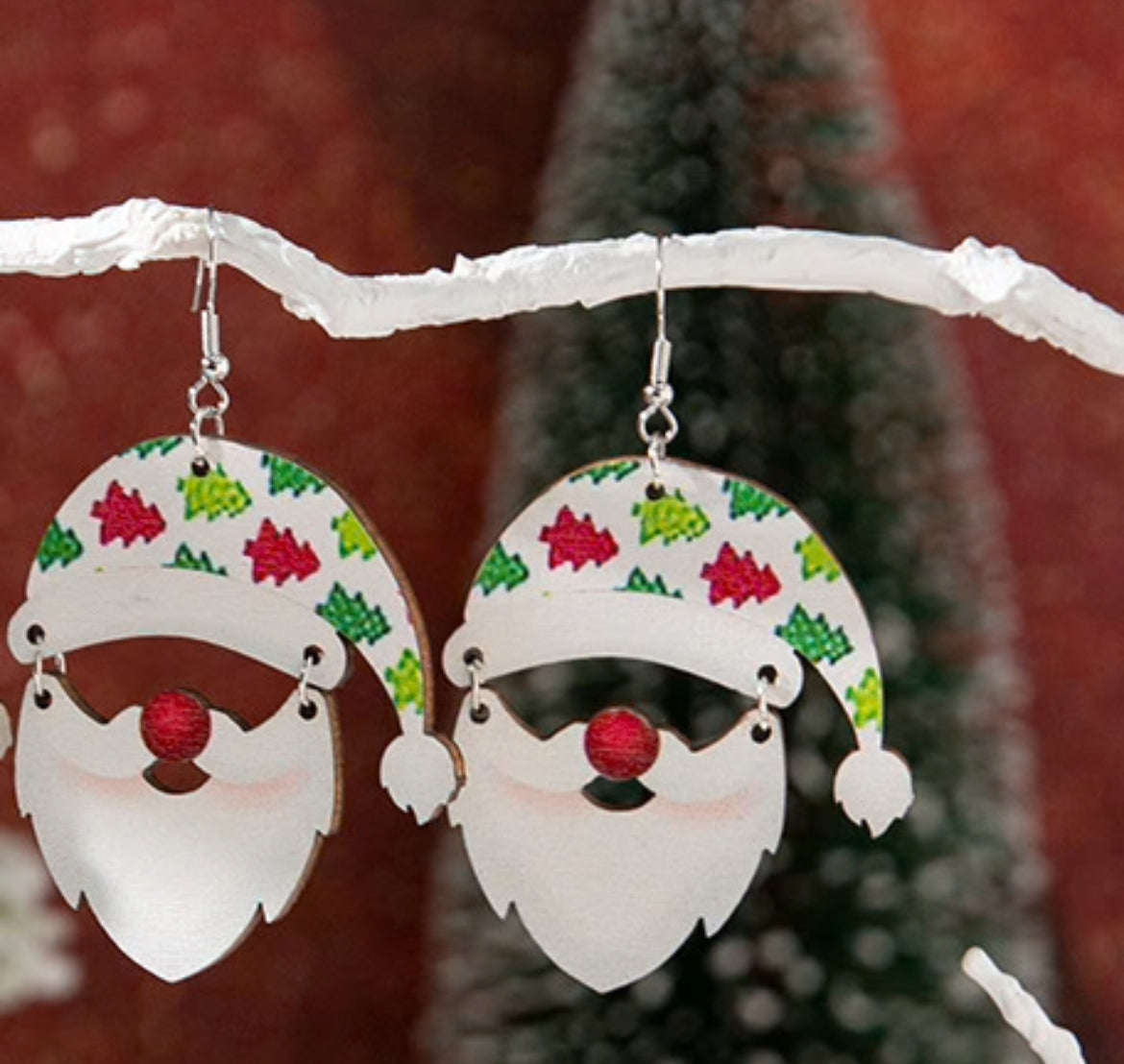Wooden Santa with Dangle Beard Earrings