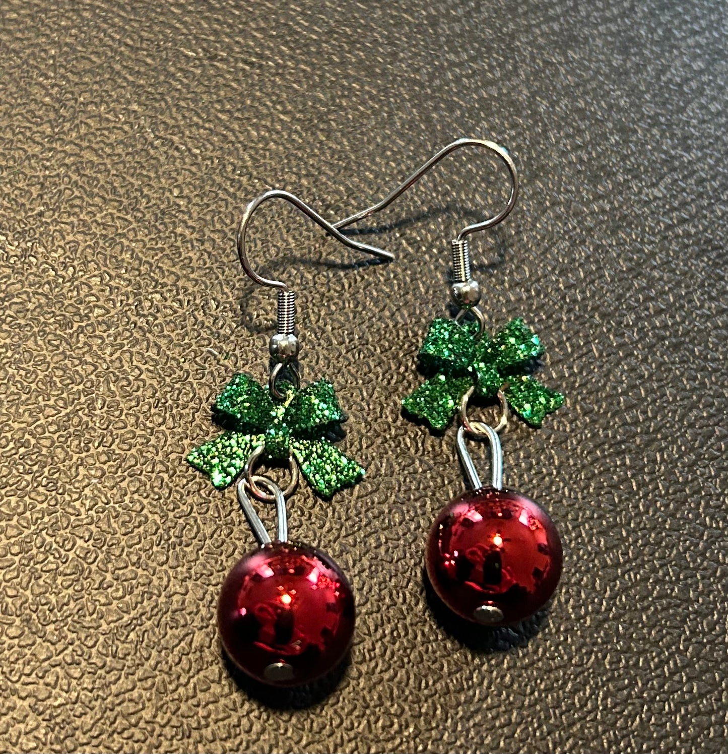 Green Bow and Red Ball Dangle Earrings