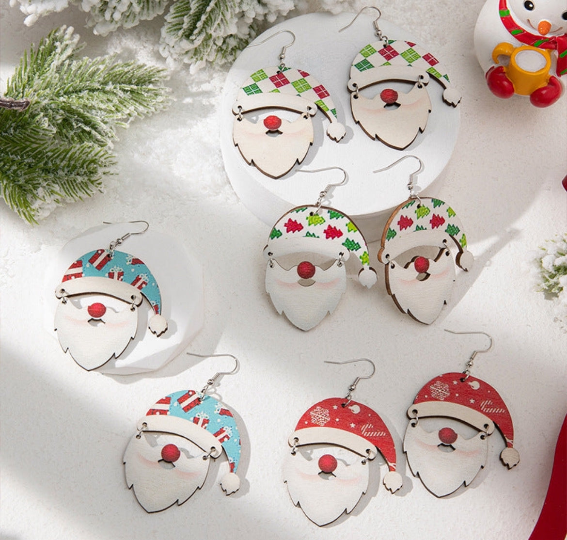 Wooden Santa with Dangle Beard Earrings