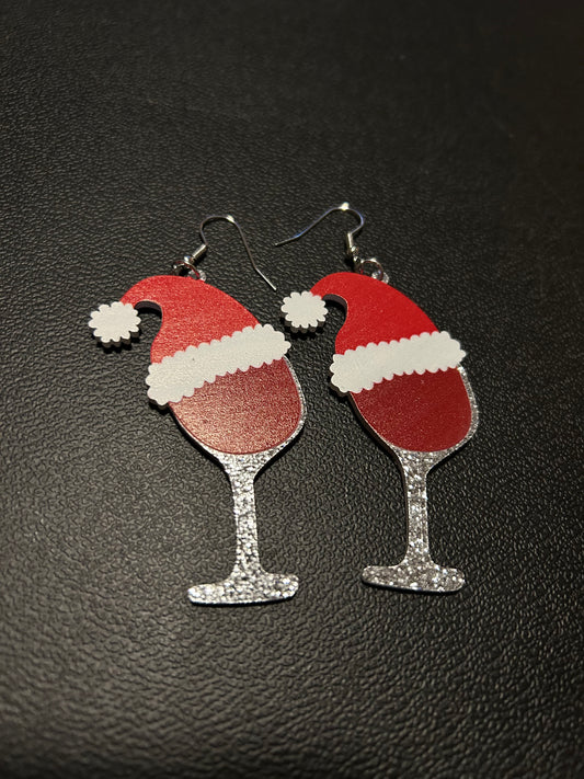 Red Wine Santa Hat Wood Earrings
